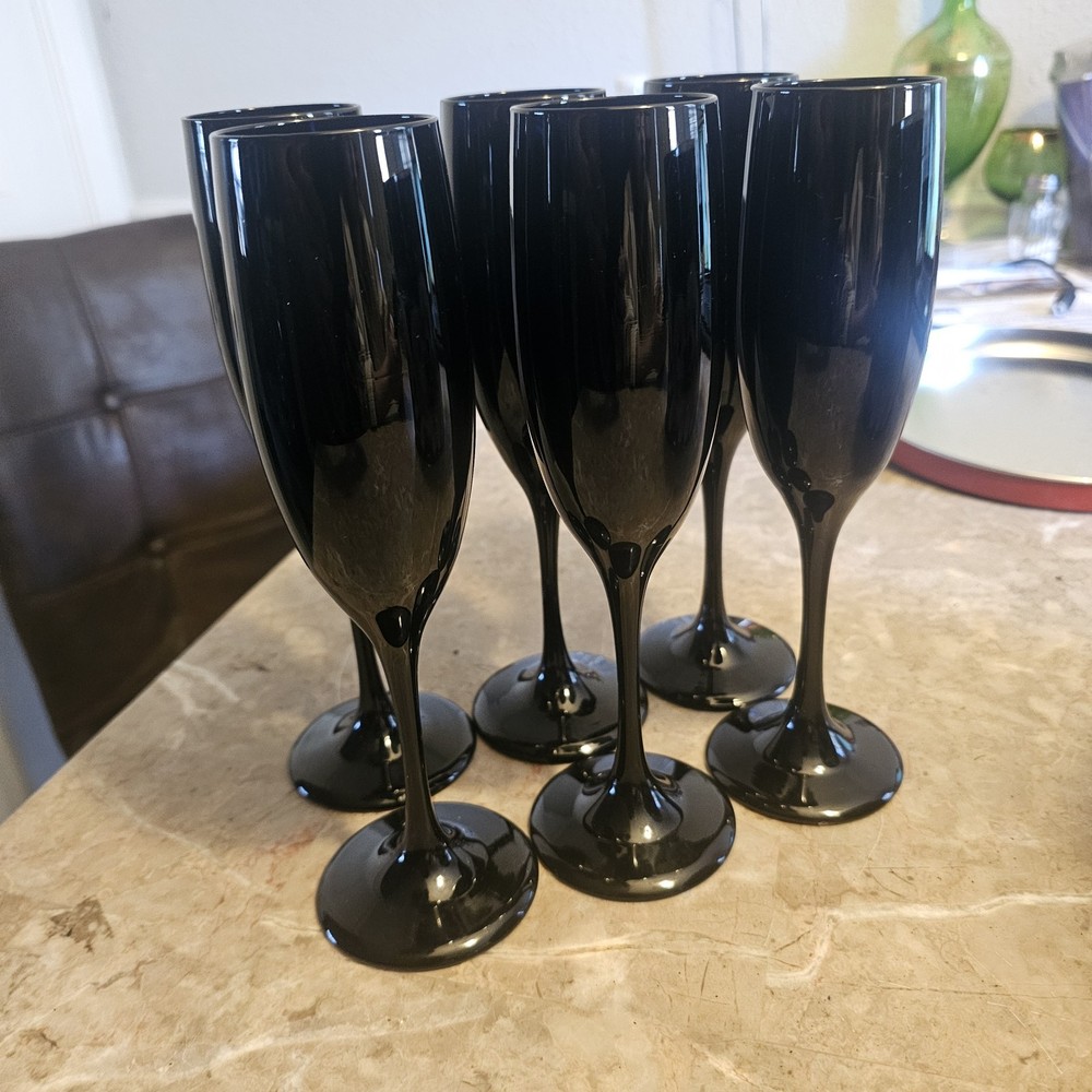 Black Hand Blown Champagne Flutes Circa 1960 - Set of 6