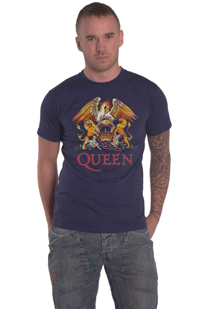 Unisex Navy Blue Queen Band Logo Classic Crest Official T-Shirt