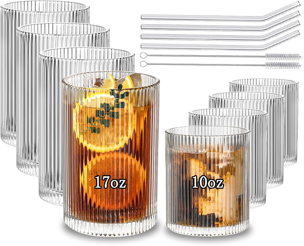 8-Piece Ribbed Glass Set - 4 Large 17oz & 4 Rocks 10oz Glasses with Vinyl Protectors