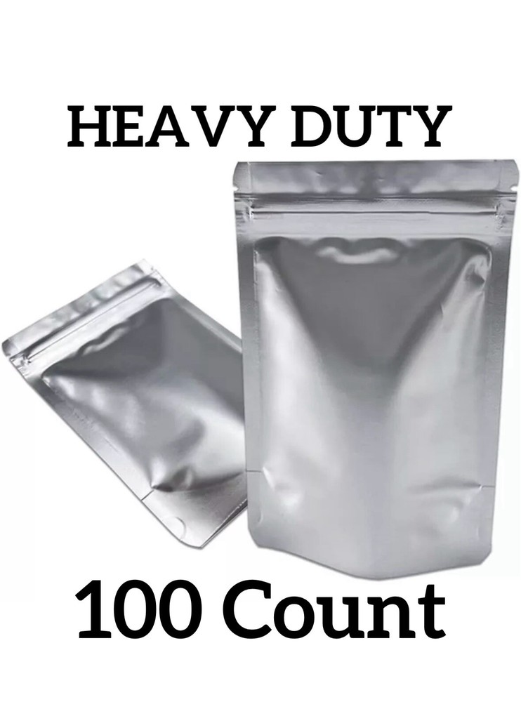 Mylar Bags (100 Count) | 5x8” Heavy Duty Silver Stand Up Resealable Pouch