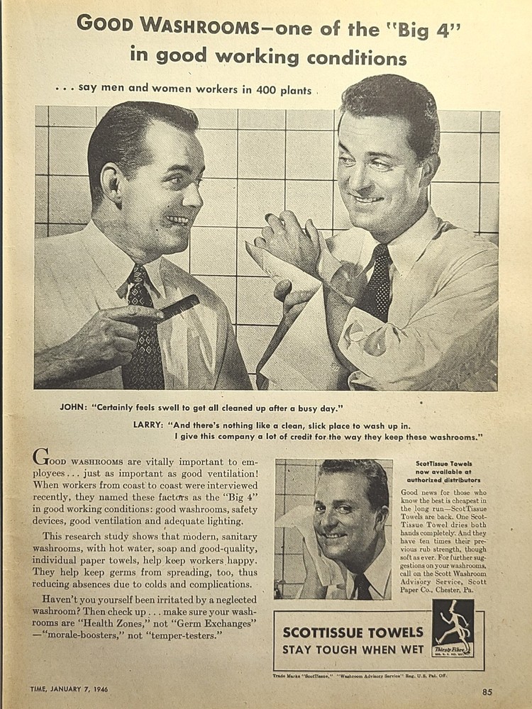 Scottissue Paper Towels Washroom Working Conditions Men Vintage Print Ad 1946