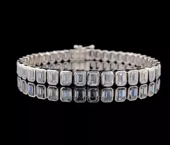 Bezel Treated Diamond 10 Ct Emerald Cut White Tennis Bracelet In 925 Silver