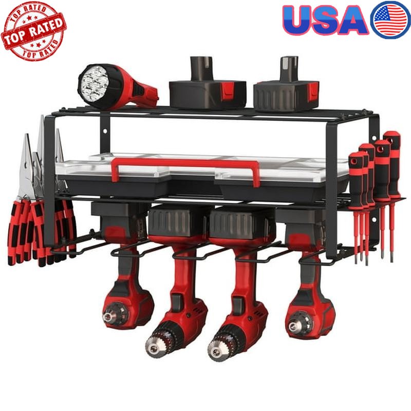 Power Tool Organizer Wall Mount 3-Tier Garage Shelving Heavy Duty Storage Hooks
