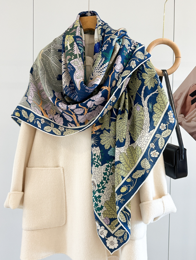 70% Cashmere 30% Silk Wrap Scarf Forest bird Print Double Face Print Shawl 53''