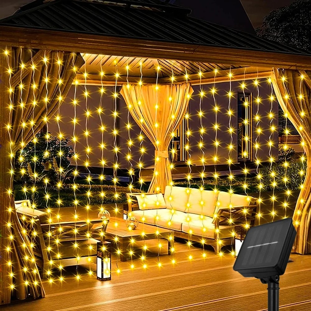 Waterproof Solar LED Fairy String Net Mesh Curtain Lights Outdoor Xams Decor