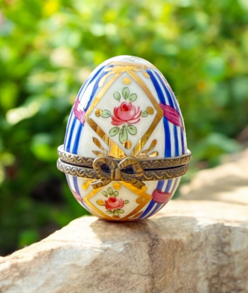 Hand Painted Porcelain Egg Trinket Box Blue Gold Floral Stripe Hinged Bow Clasp