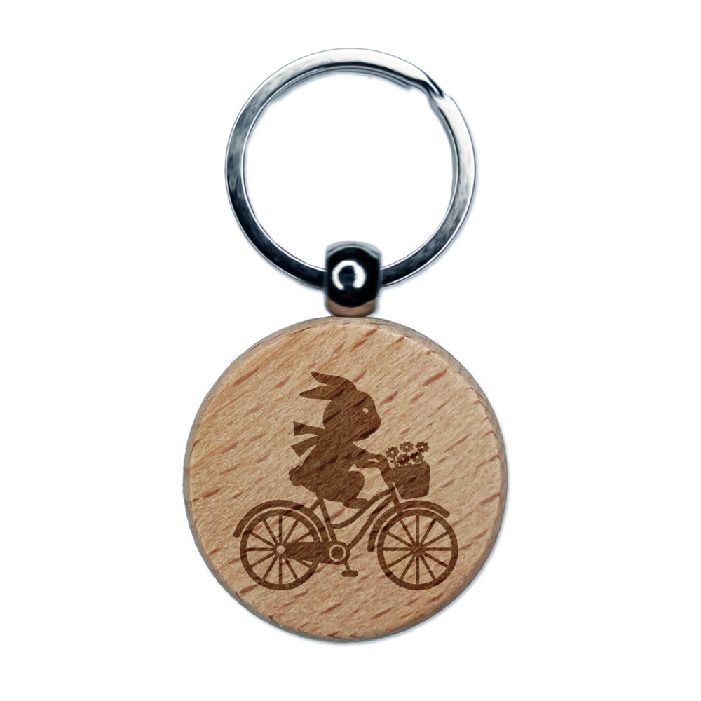 Bunny on Bike Engraved Wooden Keychain Charm