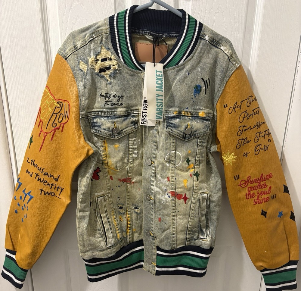 Men’s First Row Varsity Jacket  Denim Stretch New With Tags L Large