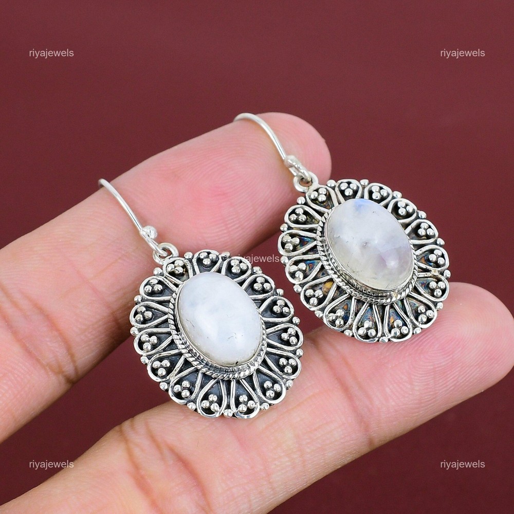 Cyber Monday 925 Silver Rainbow Moonstone Dangle Earrings Jewelry Sale-image