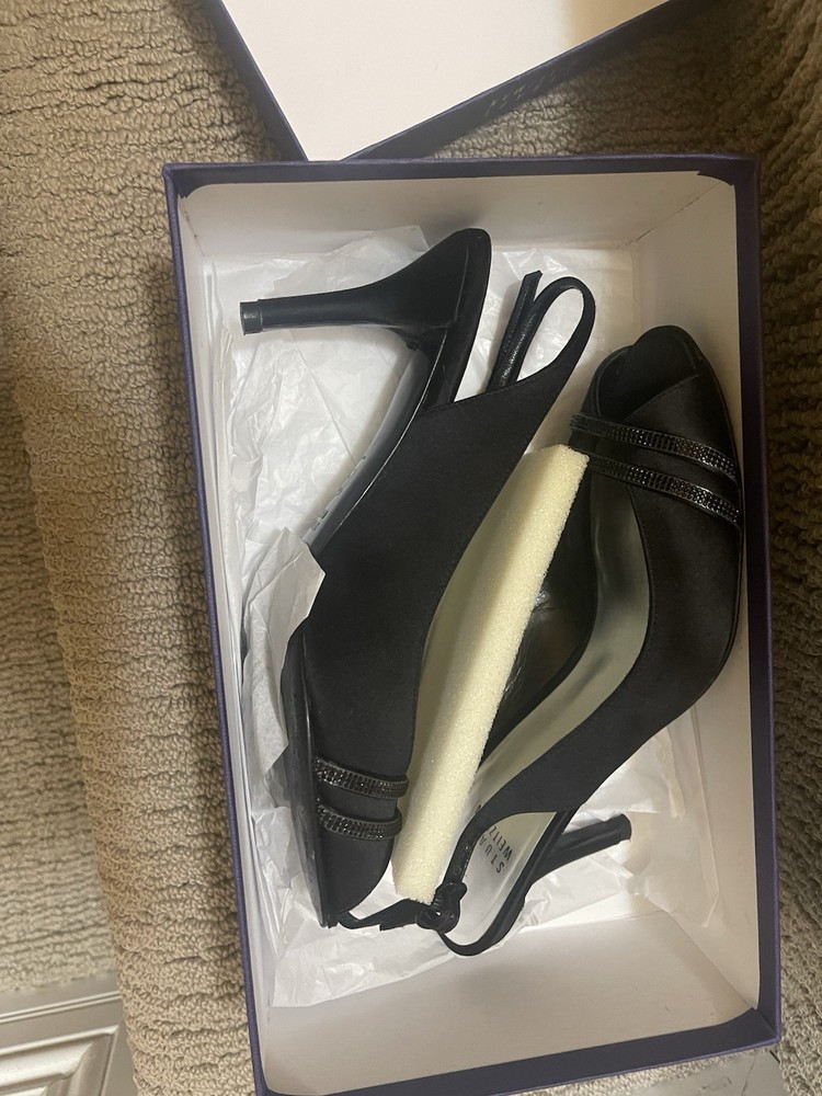 STUART WEITZMAN 7Black Satin Peep Toe Sling Back Pumps Diamond New
