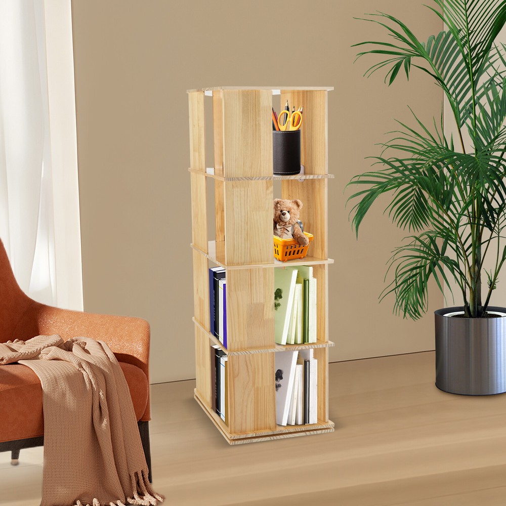 360° Rotating 4-Tier Wood Bookcase FreeStanding Display Storage Rack