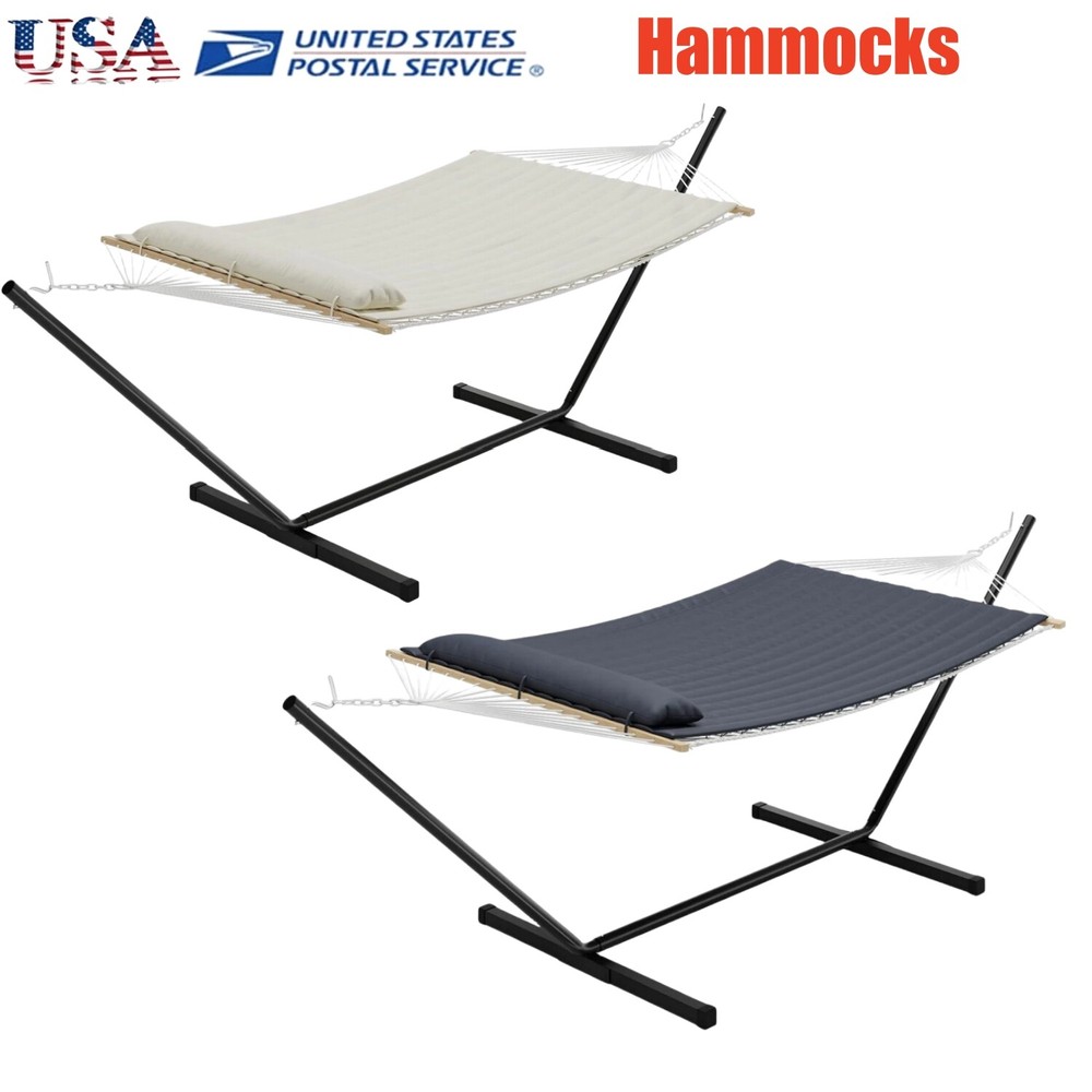 Double Quilted Fabric Hammock Two Person Hammock with Stand 480lb Capacity