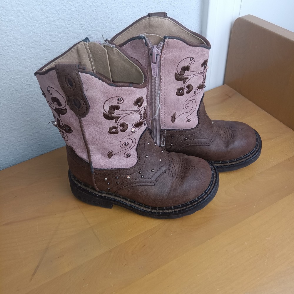 Roper Toddler Cowboy Boots Size 7 Pink Floral Embroidered Side Zip Western Shoes