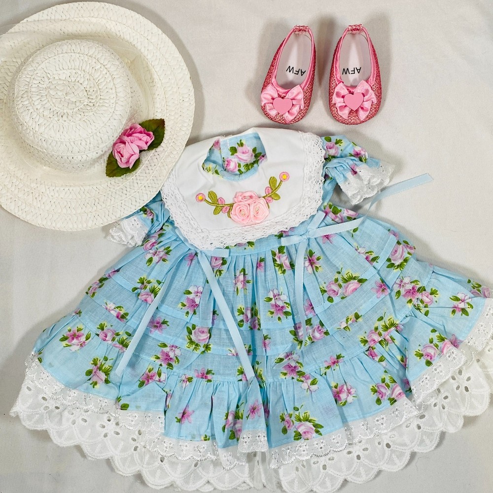 Blue Floral Easter Dress, Straw Hat, Shoes Outfit Set for 18