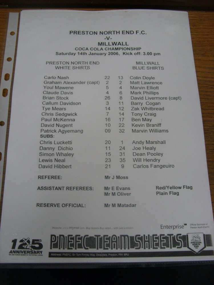 14/01/2006 Teamsheet: Preston North End v Millwall  (Single Sheet, Black & White