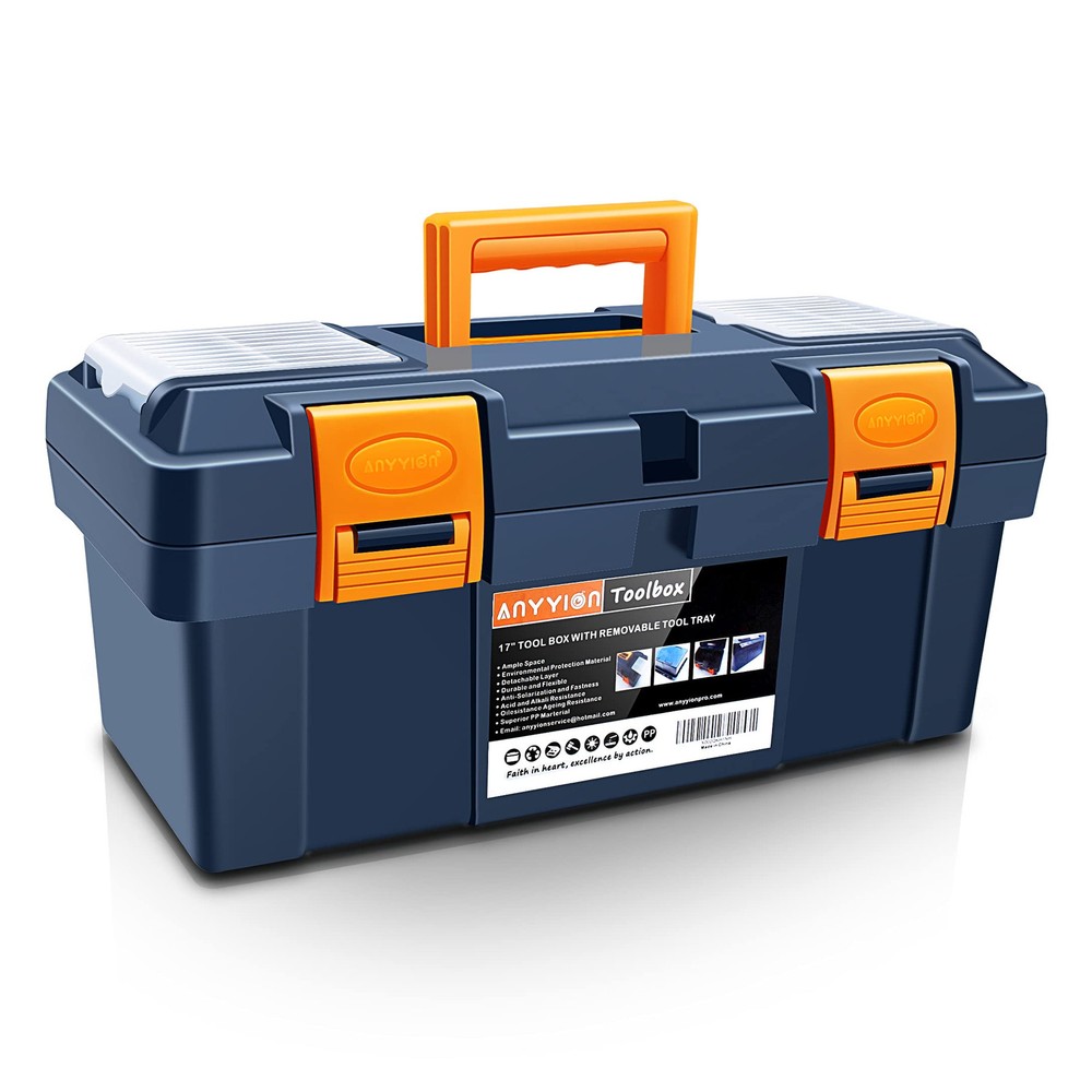 Anyyion 16.5-inch Tool Box with Removable Tray, Small Parts Box On The Lid is...