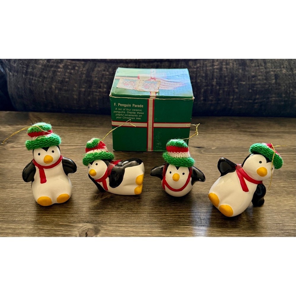 Penguin Parade Ceramic Christmas Ornaments Set 4 Excellent Vintage Box