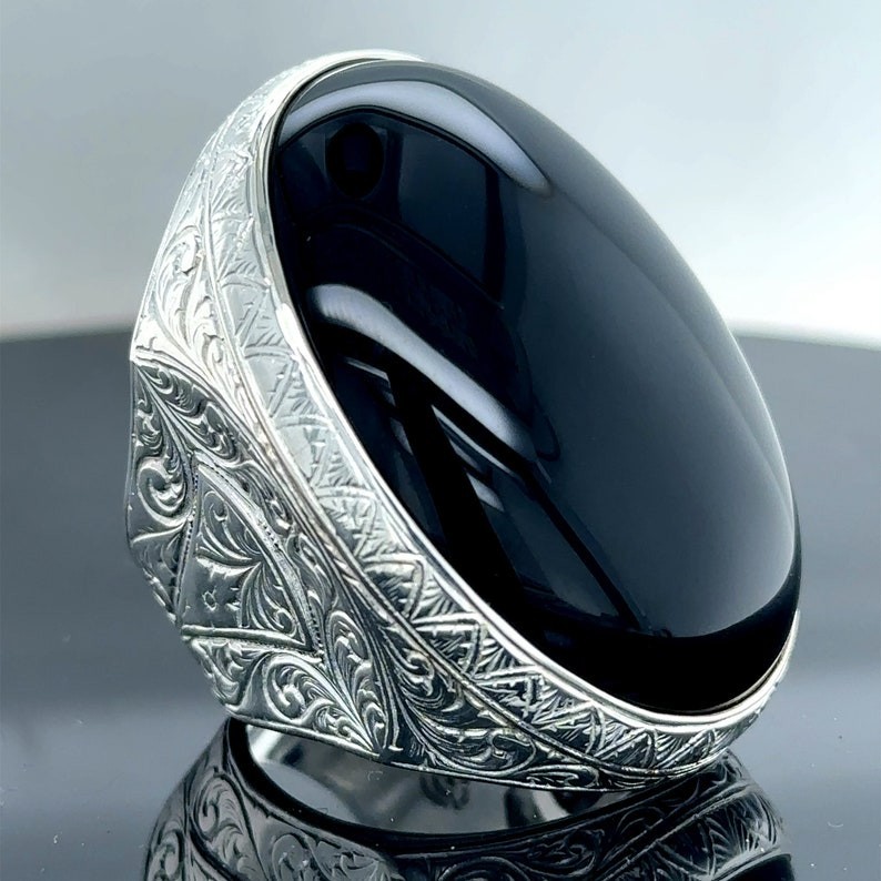 Men's Bold Silver Ring with Large Natural Black Onyx Stone