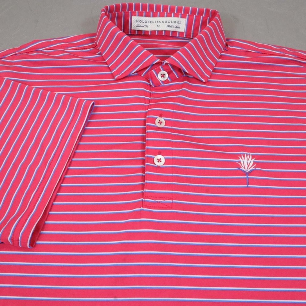 Holderness & Bourne Polo Shirt Mens Medium Red Stripe Golf Performance Stretch