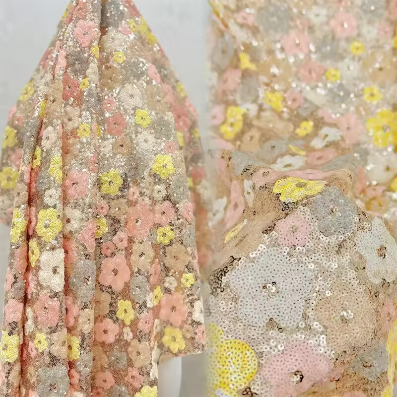Flower Sequin Embroidery Beaded Fabric DIY Sewing Mesh Dress Cloth Material NEW