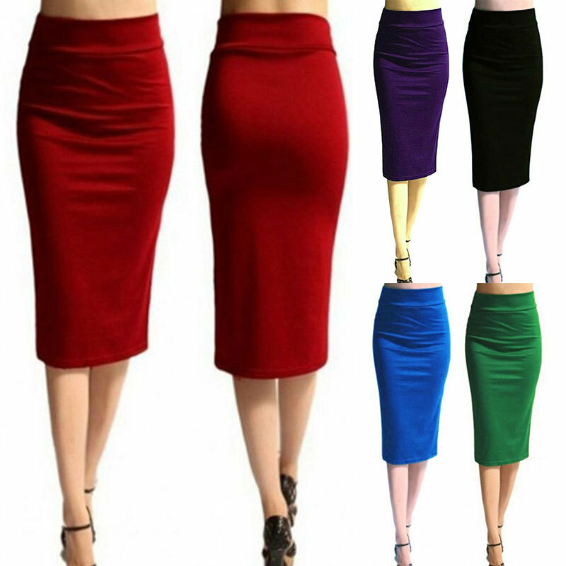 Women Thick Knit Pencil Skirt Knee Length Office Work Stretch Elastic High Waist