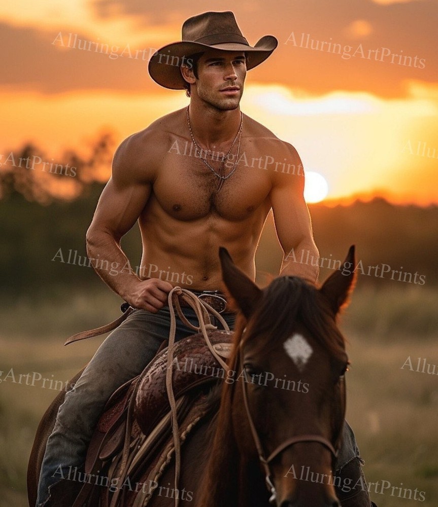 Shirtless Muscular Cowboy Male Model Photo Print with Abs -MM762
