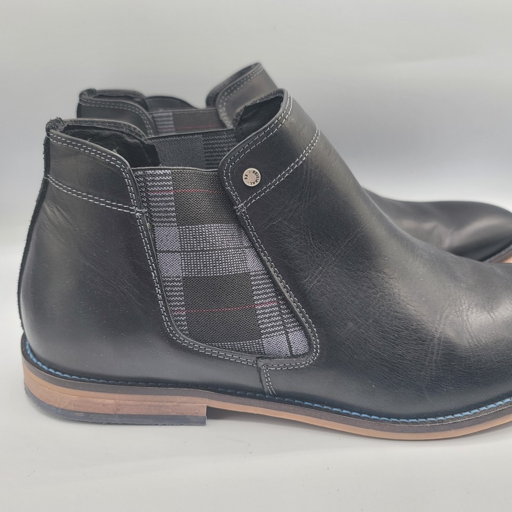 Men's Black Plaid Chelsea Leather Ankle Boots Size 44 Made in Portugal Pull On