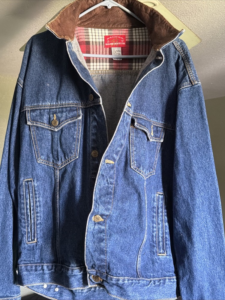Vintage Marlboro Jacket Mens Size XL Country Store Denim Leather Collar Trucker
