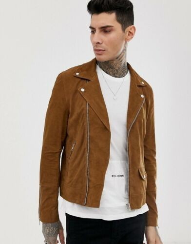 Men's 100% Suede Brown Leather Biker Jacket Motorcycle Coat