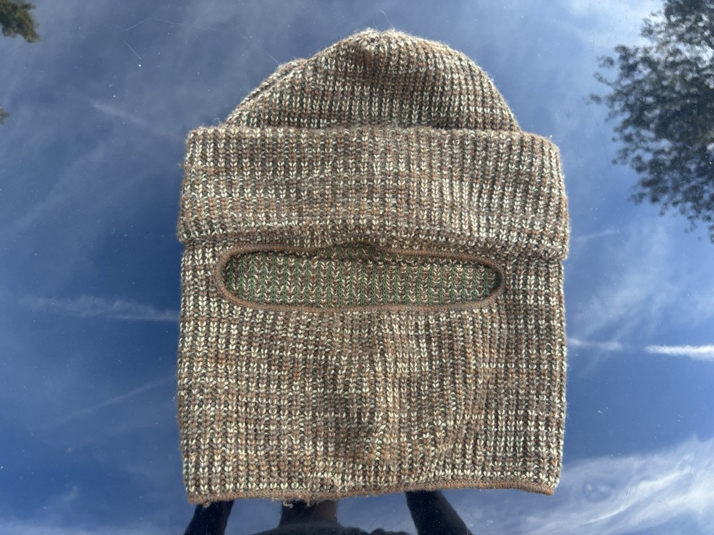 Vintage 80s Ski Mask Brown Mens Hunting Outdoor USA Made Layered Wool Knit
