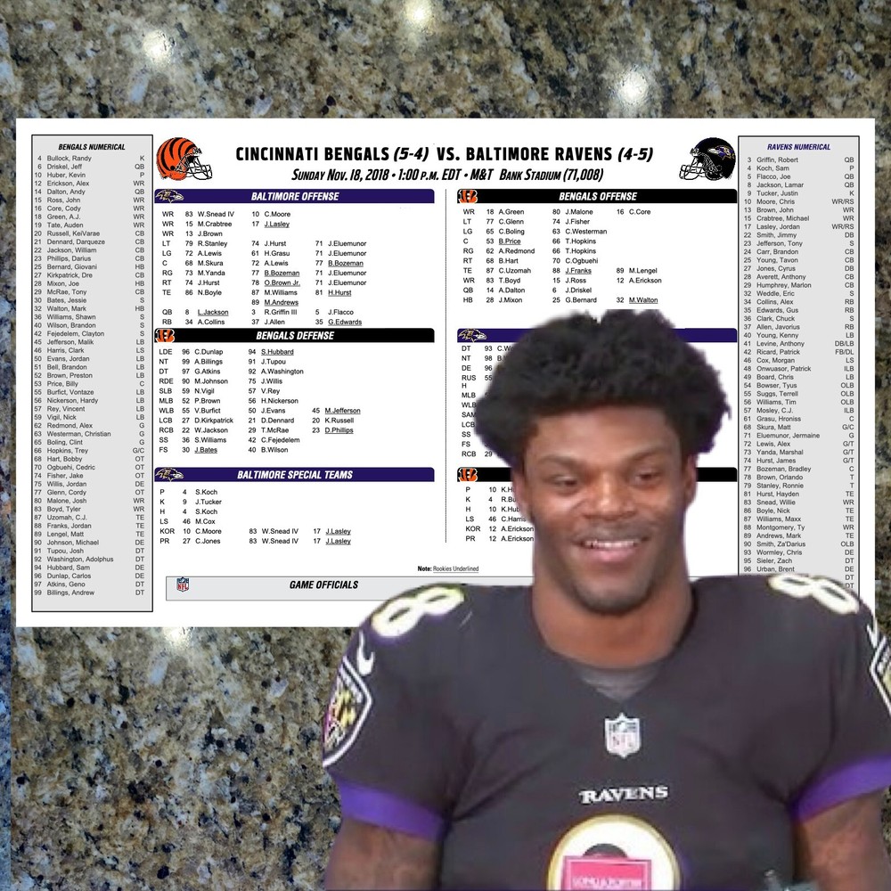 Lamar Jackson First NFL Start - Game Flip Card + Notes 11/18/2018 program ravens