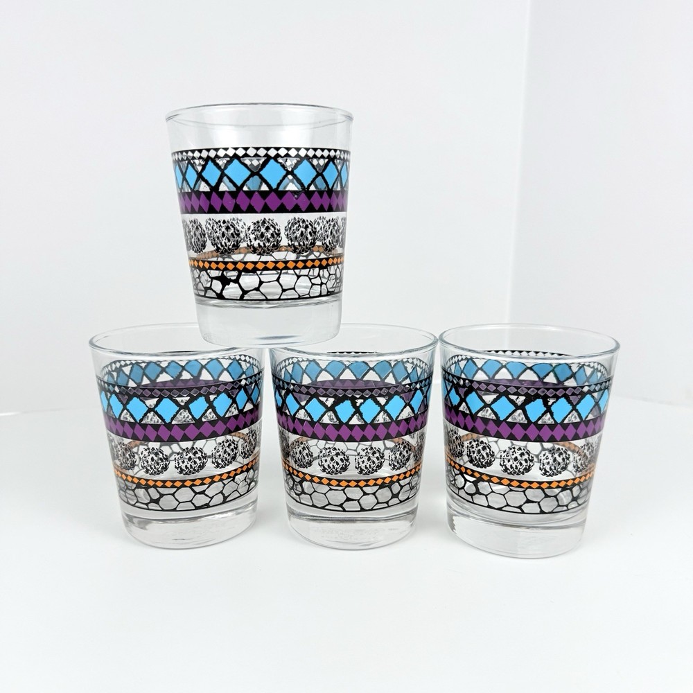 4 IKEA Murkla Cocktail Old-Fashioned Glasses Multicolor Diamond & Dot Bands 8oz