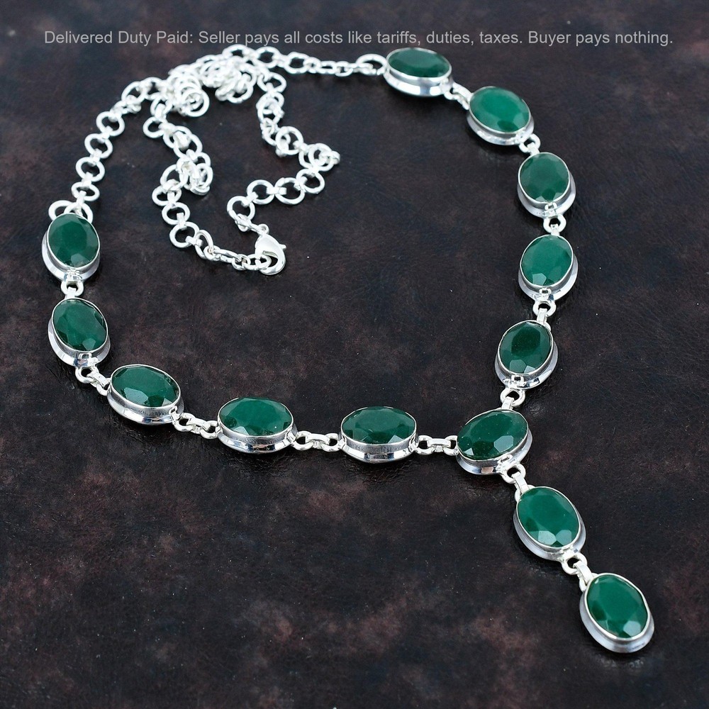 Christmas Sale 925 Silver Zambian Emrald Gemstone Wedding Chain Bezel Necklace-image