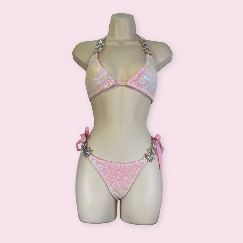 Pink Sequin Jewel Bikini Set Two Piece Swimwear Size XL Halter Tie Y2K Sparkle