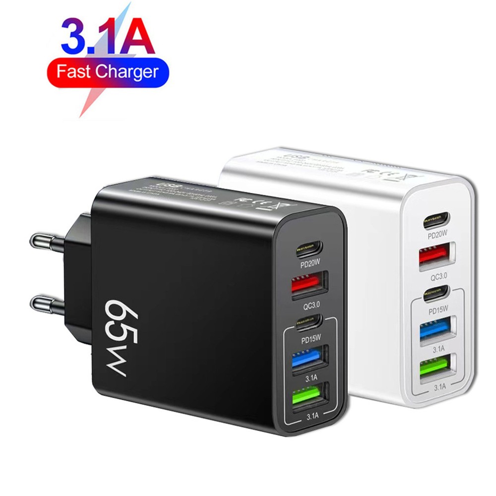 65W Fast Charger with 2 USB-C PD & 3 USB Ports Compact Travel Charging Station