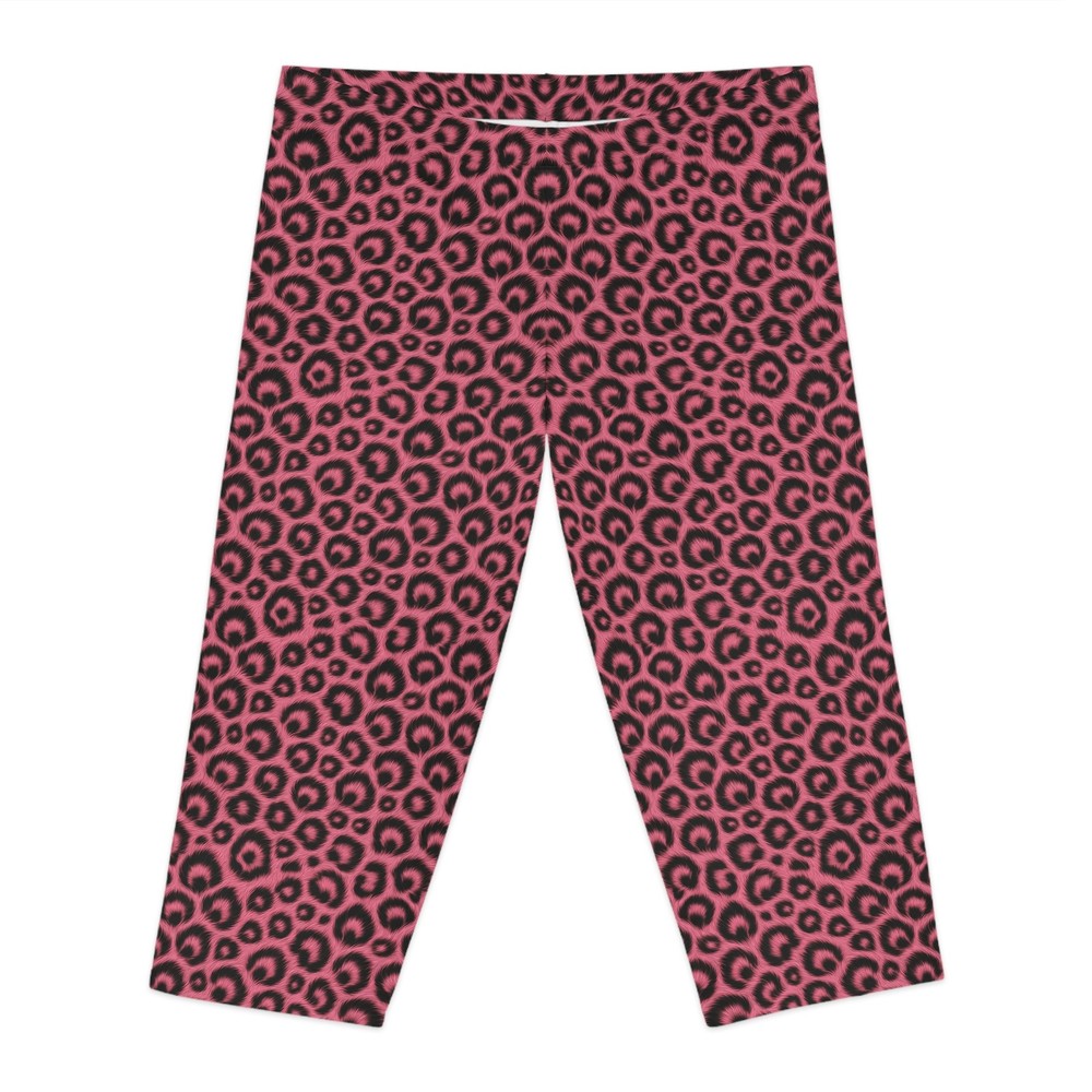 Fierce Pink Leopard Capri Leggings, Activewear for Women, Summer Yoga Pants,
