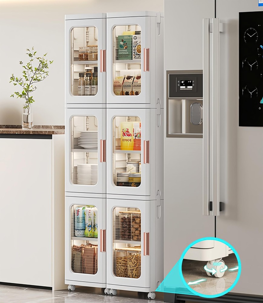 Slim 3-Tier Plastic Pantry Cabinet with Doors & Shelves for Kitchen Storage