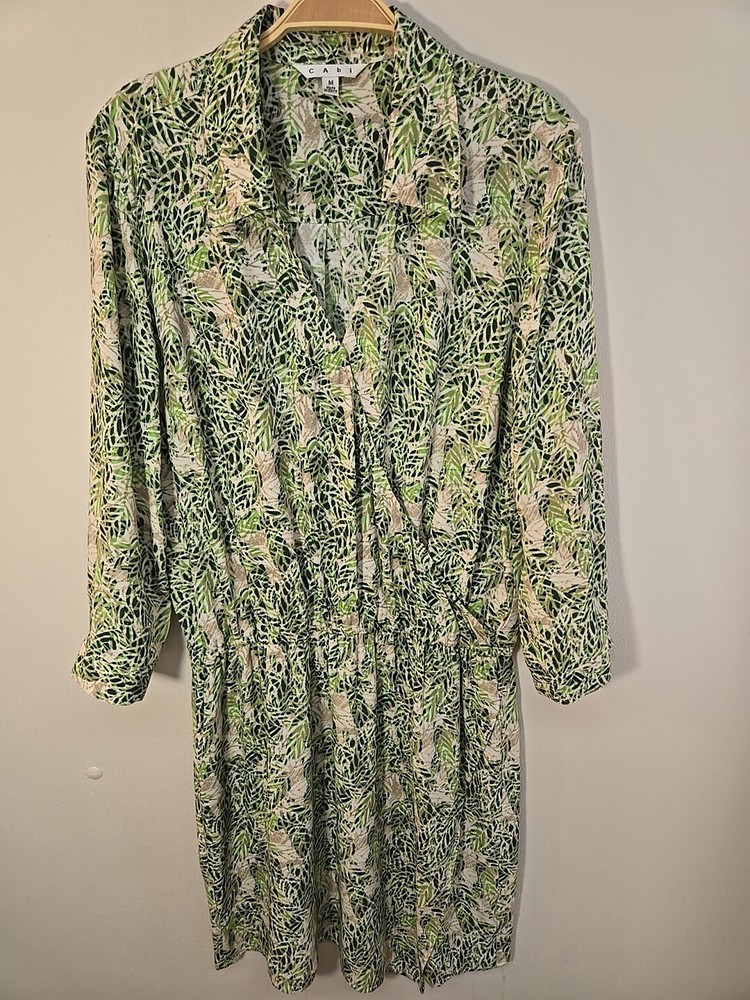 NWOT Cabi Faux Wrap Midi Dress Size M Green White Taupe Floral