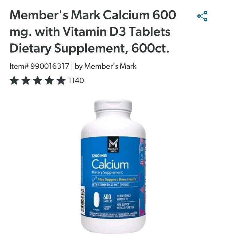 Members Mark Calcium 600mg with Vitamin D3 for Bone Health 600 Tablets-image
