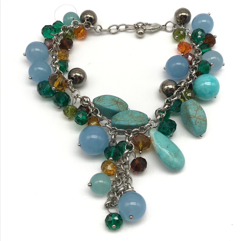 Multi-Color Glass Crystal Chunky Beaded Silver Tone Statement Bracelet Anklet  