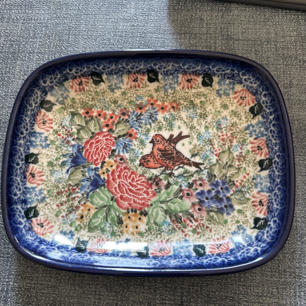 Polish Pottery Unikat Shallow Dish With Red Birds Teresa Liana 7 1/4” X 5 1/2”