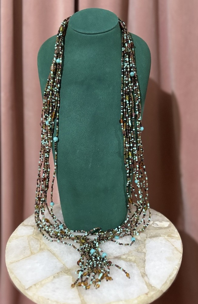 Boho multi-strand glass seed tie necklace belt bronze brown blue turquoise