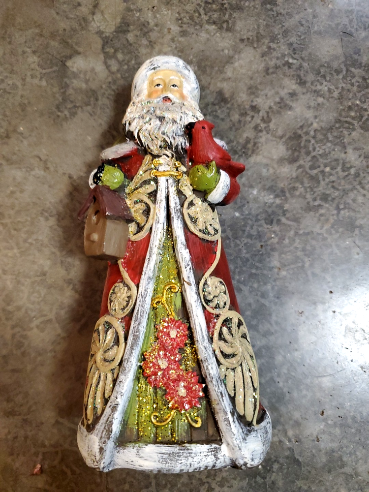 Christmas Santa Figurine with Bird House and Cardinal Decor Small Resin Jewel
