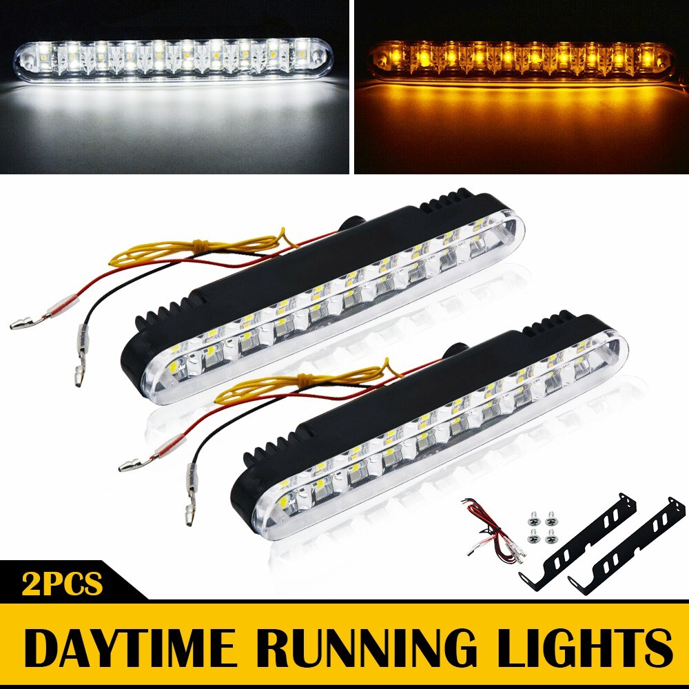 2Pcs White Amber LED Running Daytime Driving DRL Signal Light Strip Fog Lamp 12V