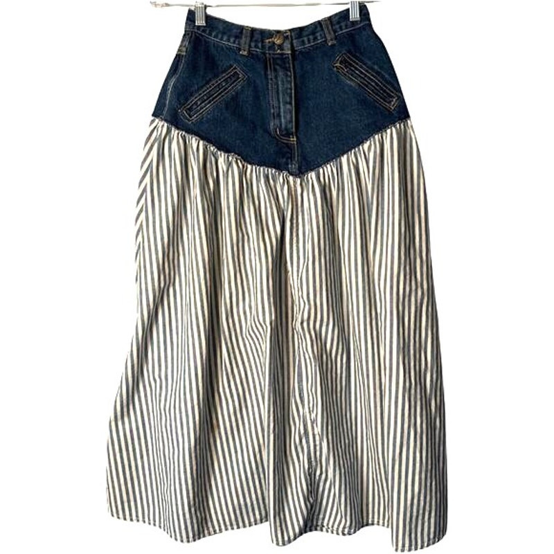 a.b.s. Skirt Womens Size 9 Denim Striped Skirt Bohemian Pockets Midi Vintage