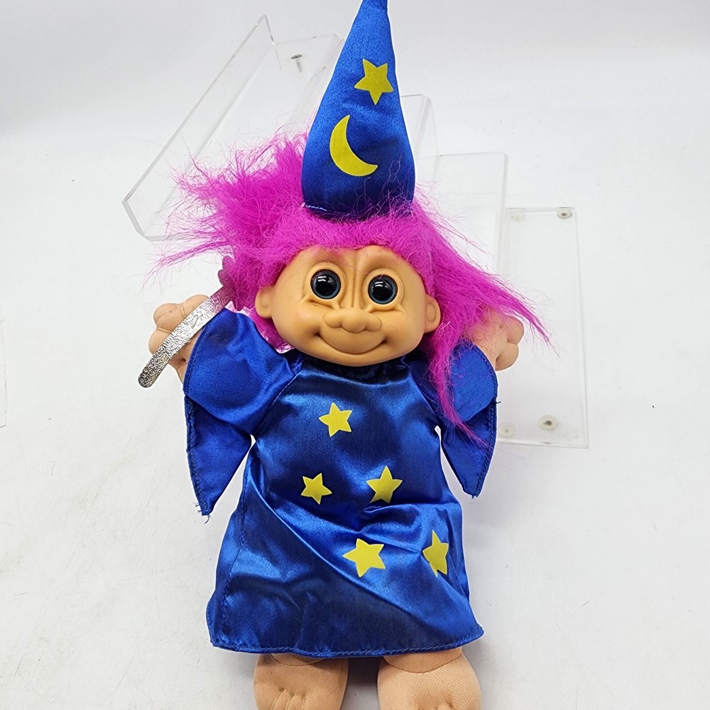 1990s Russ Wee Troll Kidz Plush Wizard with Blue Star Robe Wand Hat 9 Inch