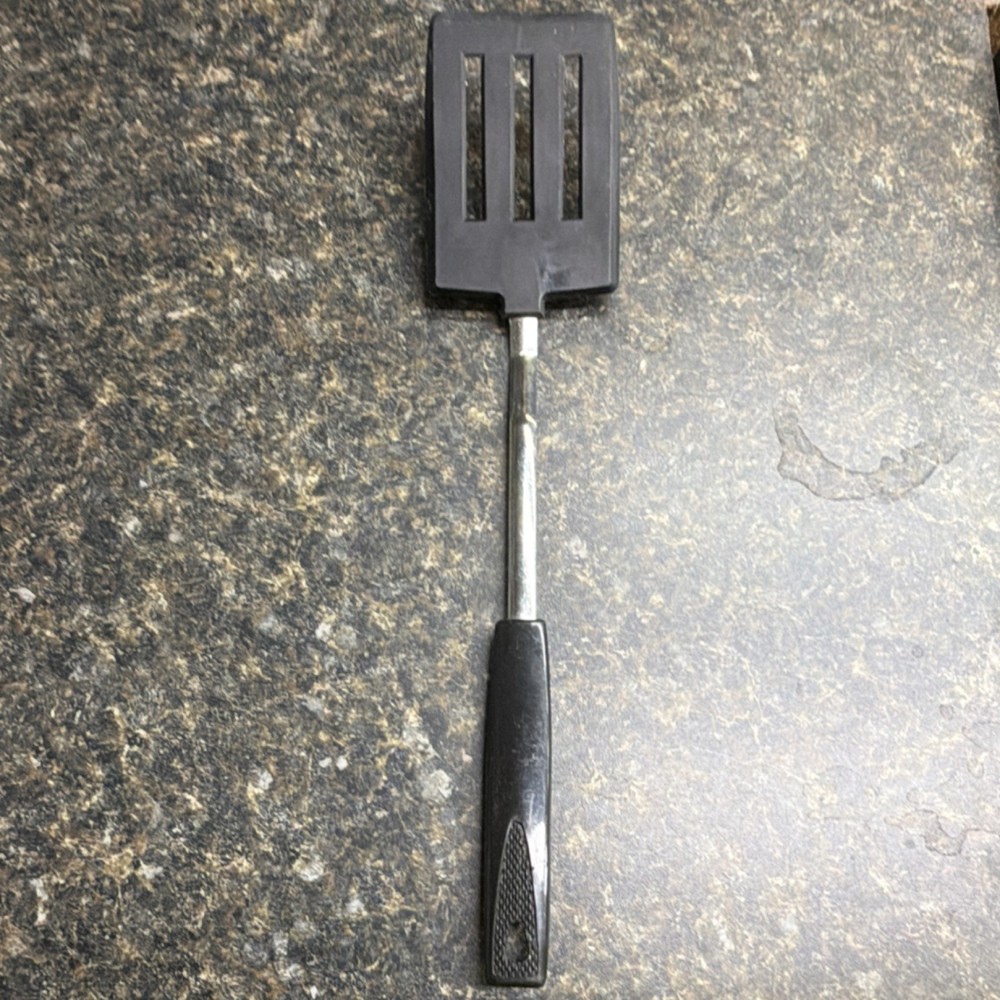 Black Plastic Handle Slotted Spatula Cooking Utensil Metal