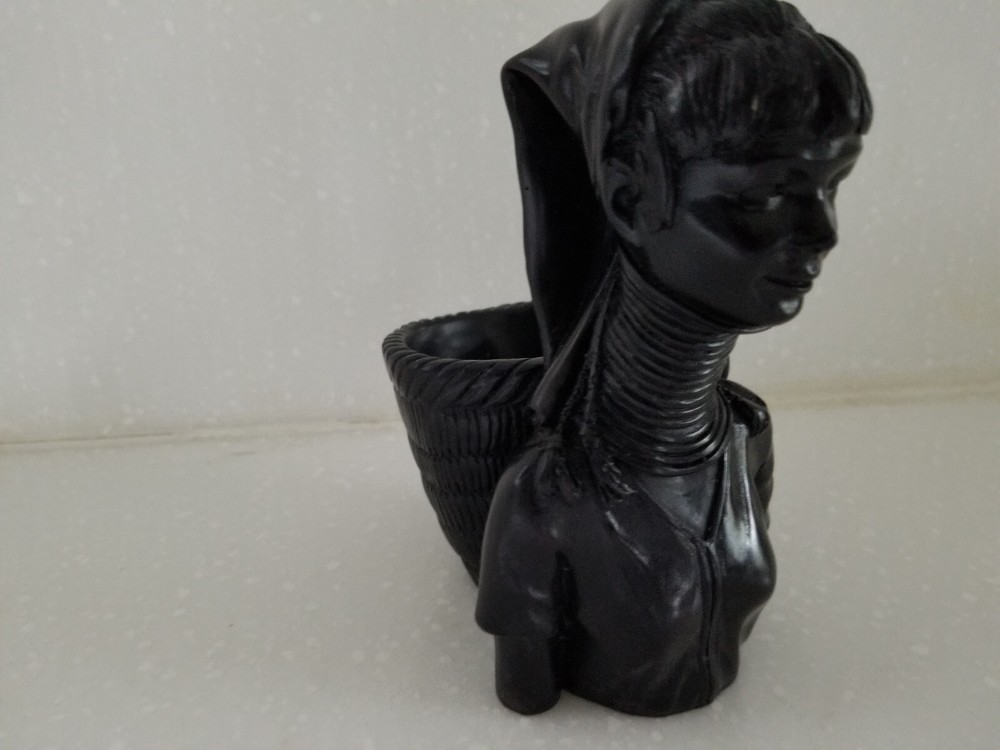 Vintage Ethnic Ring Neck Woman Figure With Basket Plant/Trinket/Candle Holder
