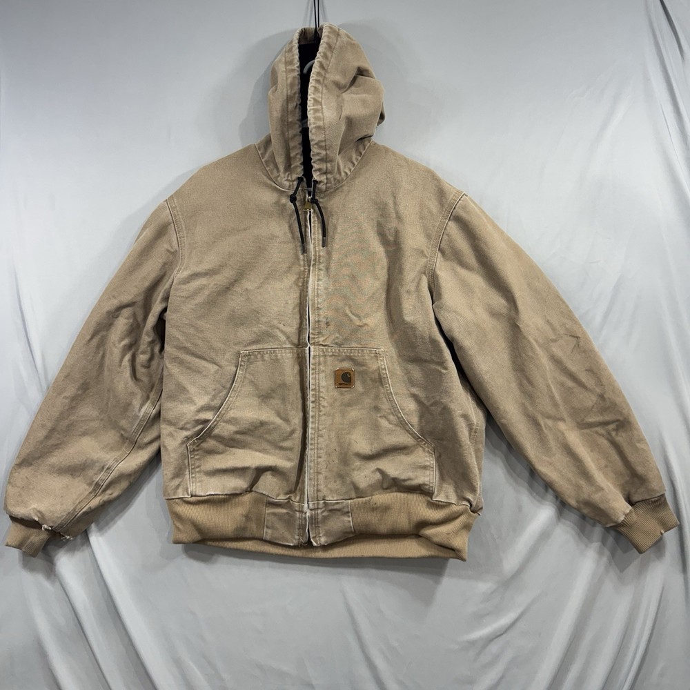 VTG Carhartt J25 Hooded Zip-Up Lined Canvas Work Jacket Mens Large Brown