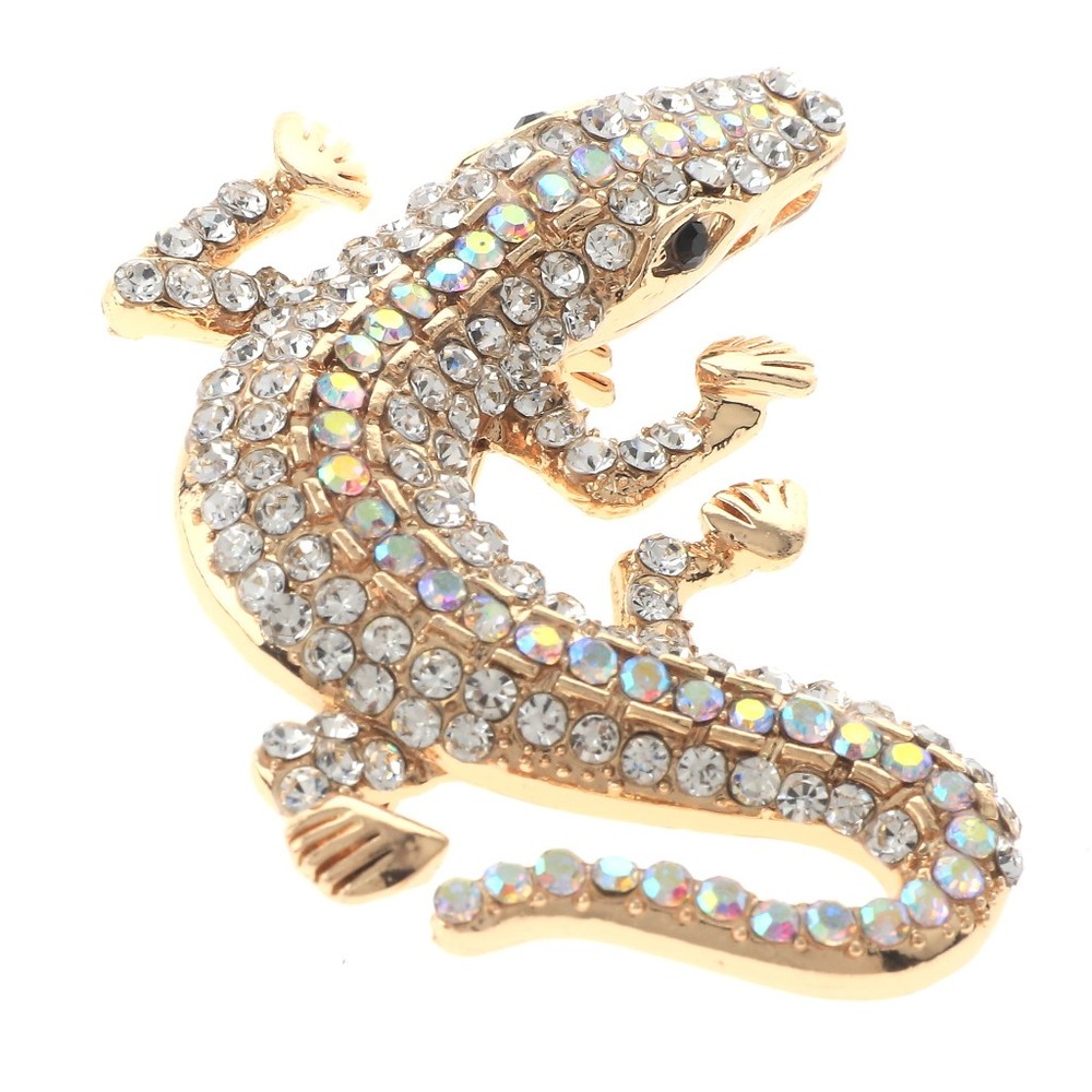 Gold Tone Alloy Metal Medium Size Crystal Rhinestone Alligator Brooch P1581-GCL